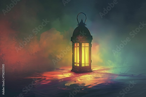 An enchanting scene unfolds as a lantern radiates a soft rainbow glow, casting shadows and imparting warmth on a pastel night.