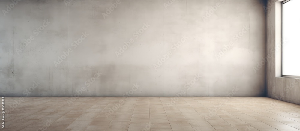 An empty room featuring a concrete wall and hardwood flooring in grey tints and shades, resembling a natural landscape with a horizon view An empty room featuring a concrete wall and hardwood flooring in grey tints and shades, resembling a natural landscape with a horizon view