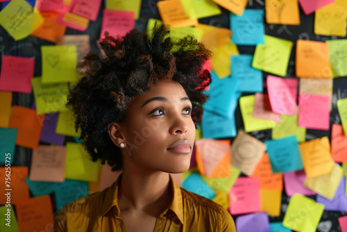 Portrait of a woman standing in front of a wall covered with colored post-it notes. A slide background for showcasing the brainstorming process. Created with Generative AI technology.