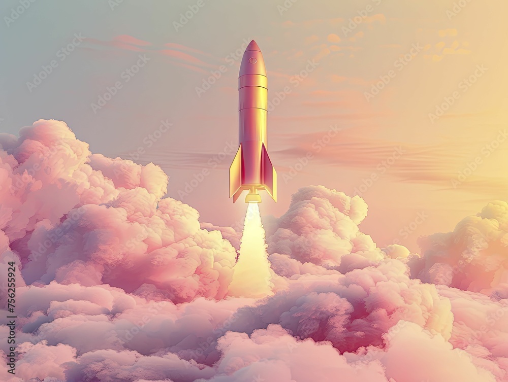 An inspiring image: a golden rocket piercing a serene pastel haze, its ascent symbolizing ultimate success.