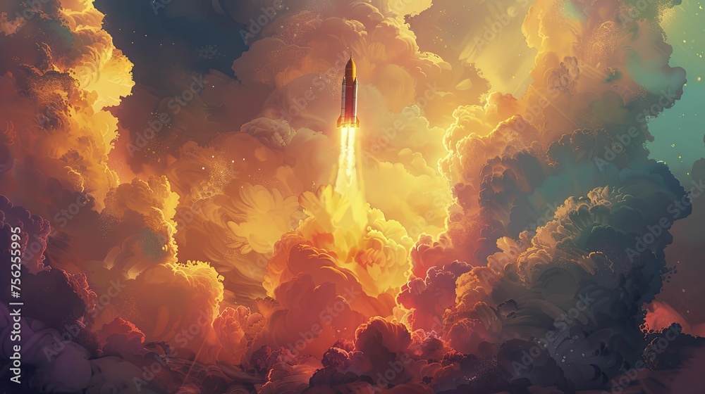 A golden rocket soars through pastel clouds, symbolizing hope and progress on its celestial voyage.