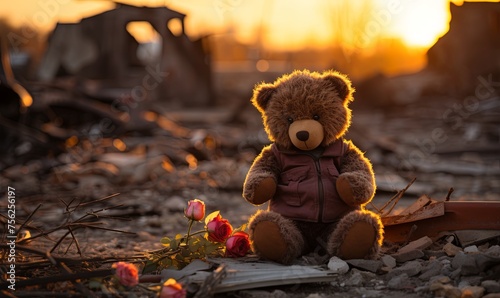 Brown Teddy Bear on Pile of Rubble