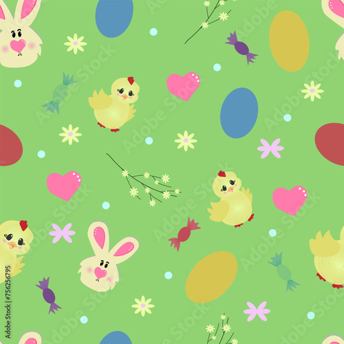 Cute set of Easter design elements with bunny  eggs  flowers. Vector flat illustration ideal for greeting cards  posters. Happy Easter banner illustration of Easter bunny  beautiful colored eggs  cand