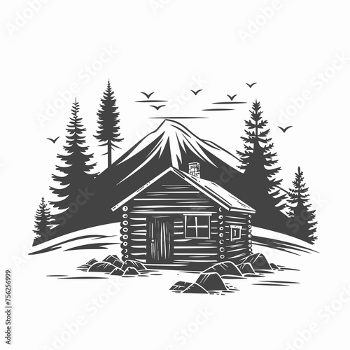 Cabin in mountains linear vector nature emblem isolated on white, log cabin cottage for rest in pine forest
