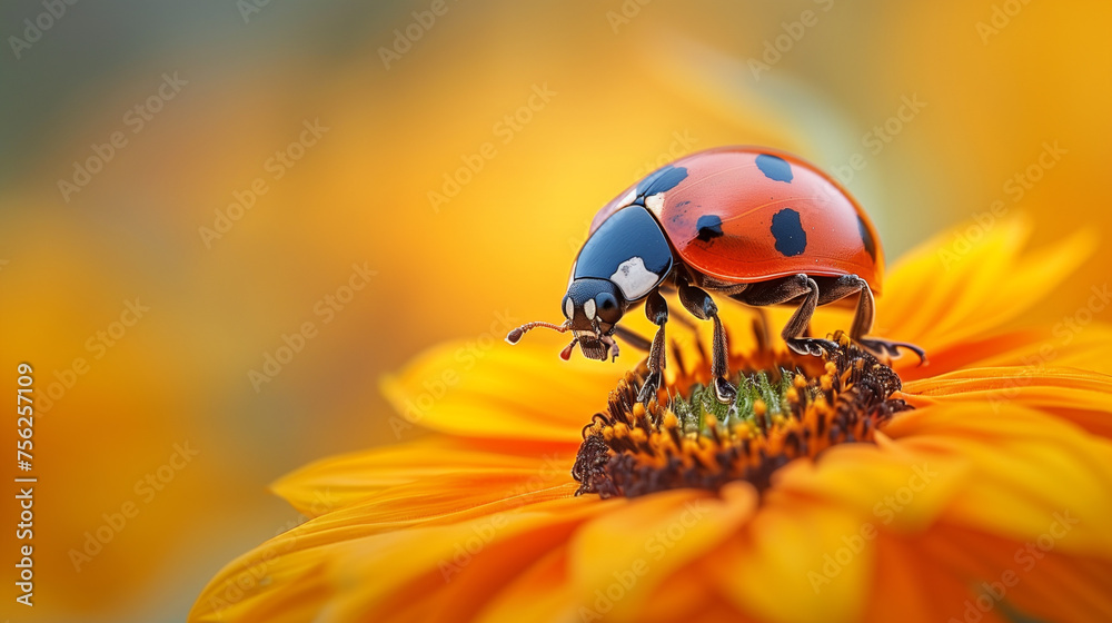 Fototapeta premium A diligent Ladybug is busy at work pollinating a bright sunflower, with a soft focus on a field of sunflowers glowing in the background.