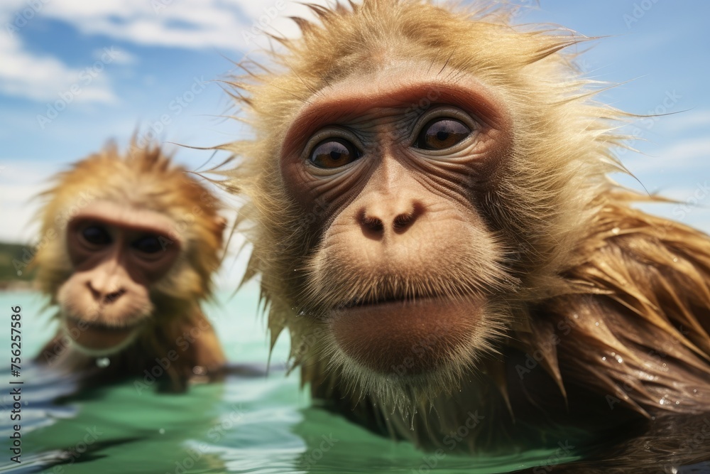 Two monkeys are in the water, one of them is looking at the camera