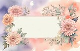 watercolor illustration of a large copyspace for a note with small white and mums flowers on the left side on a soft pastel background with a hint of floral pattern.