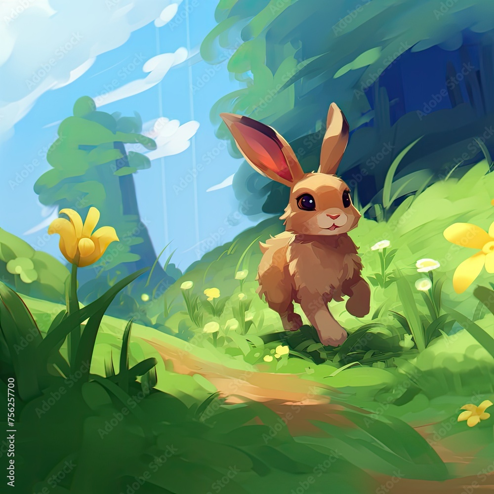 A rabbit is running through a field of flowers A rabbit is running through a field of flowers