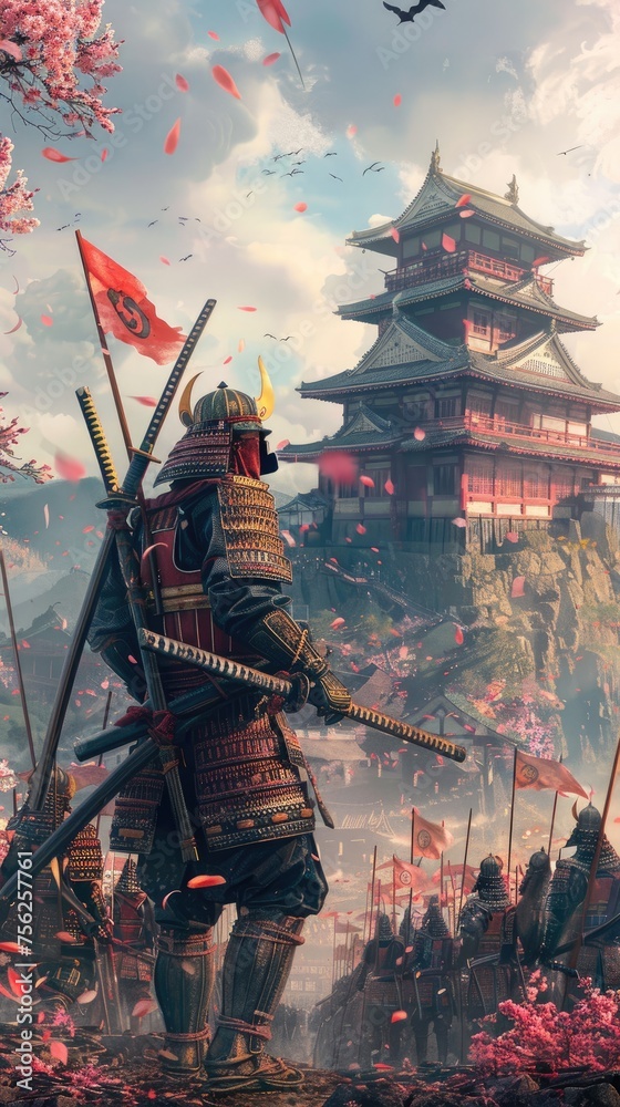 Shogun's majestic castle, samurai guards in front, cherry blossoms fluttering, serene Shogun's majestic castle, samurai guards in front, cherry blossoms fluttering, serene