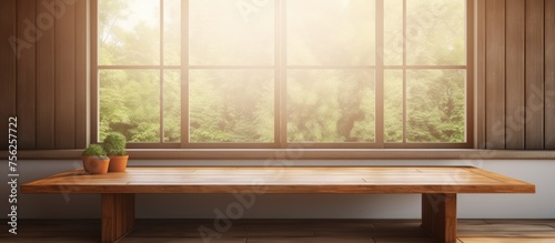 Empty wooden table and interior design background with window for product display. © Lasvu