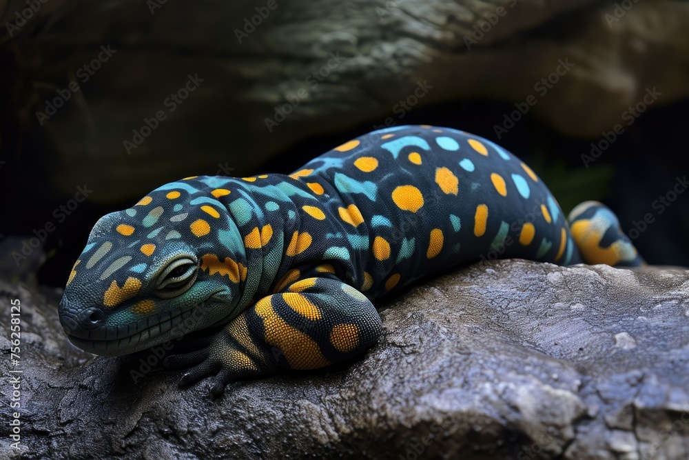 A colorful lizard is laying on a rock A colorful lizard is laying on a rock