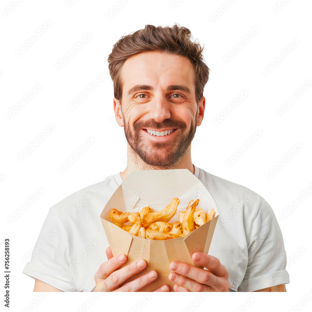 A man is seen holding fries against a white backdrop.