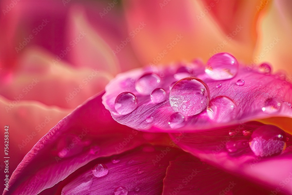 A macro shot of a water droplet on a vibrant peony petal