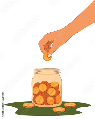 Collect money in glass jar banking cash deposit. Hand put coin. Concept of making savings