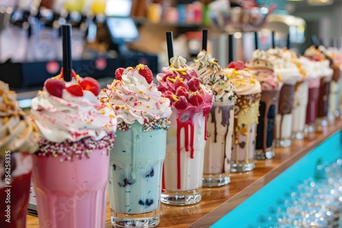 A milkshake bar with a variety of toppings and flavors on display