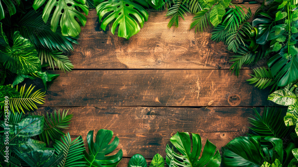 Grunge wooden table and jungle foliage at the edges, flat lay, copy space. Grunge wooden table and jungle foliage at the edges, flat lay, copy space.