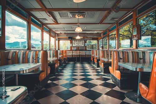 A retro diner interior with checkered floors and vintage booths