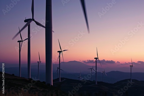 A wind farm at dusk turbines spinning in the wind
