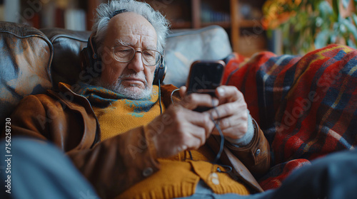 Elderly man with glasses and scarf, looking at smartphone with confusion, sitting on couch