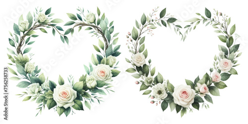 Green rose heart-shaped wreath watercolor illustration material set