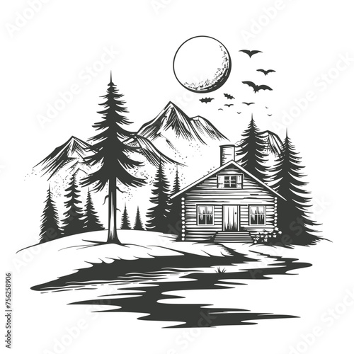 Cabin in mountains linear vector nature emblem isolated on white, log cabin cottage for rest in pine forest