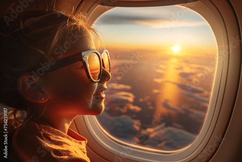 Girl in glasses looking at airplane window at sunset