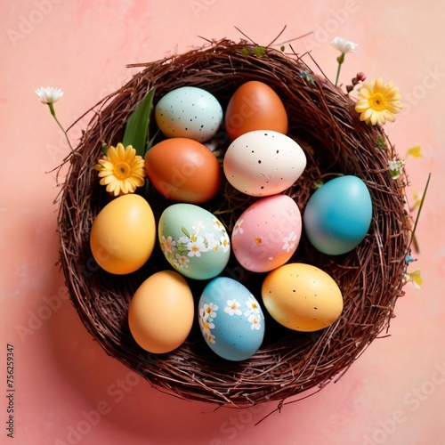 Colorful pastel themed assortment of easter eggs, bright springtime colors