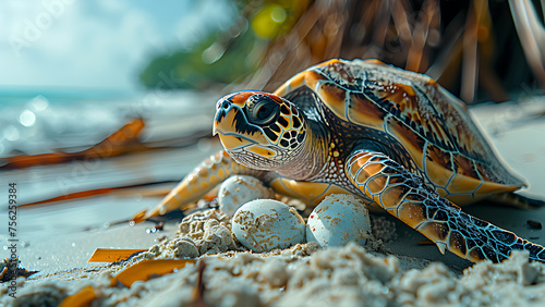 A large turtle hatching its white eggs on the beach. © Cimutimut