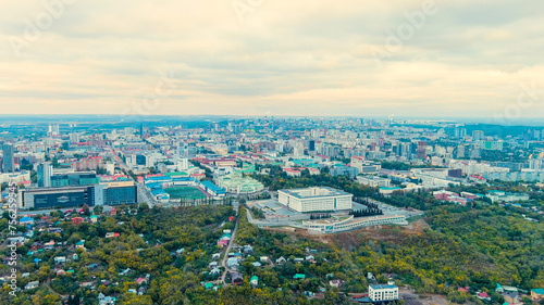 Ufa, Russia. Panorama of the central part of the city of Ufa. Time after sunset, Aerial View © nikitamaykov