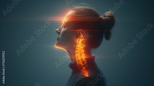 Profile of a woman with glowing orange light representing throat pain or voice loss concept. photo