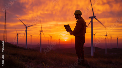 Engineer with laptop at wind farm during sunset