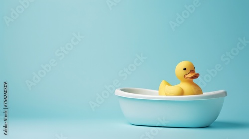 Rubber yellow duck in small bathtub on blue background. Space for copy  photo