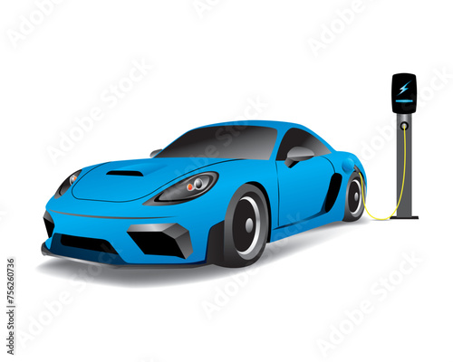 Concept illustration Racing with Power cable pump plug in charging power to electric vehicle EV car.