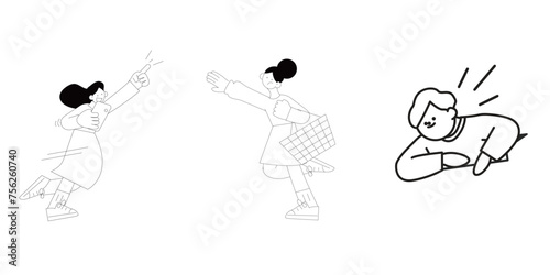 This is a three-part line illustration showing a woman actively running forward with her hands outstretched, a woman making defensive gestures with a worried expression, and a man lying on his side se