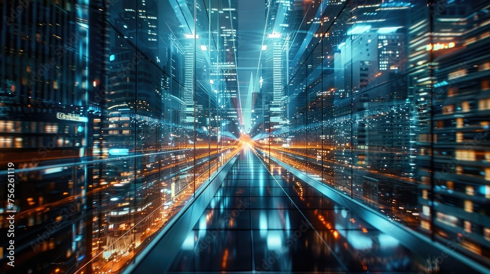 Futuristic cityscape with vibrant lights and motion blur, symbolizing high-speed urban life and technology.