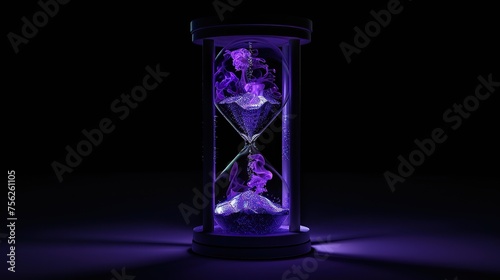 a purple hourglass with flowing purple ash instead of sand. a symbol of the passage of time and reflection