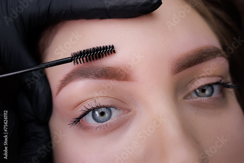 Macro photo of eyebrows after permanent eyebrow makeup. PMU Procedure, Permanent Eyebrow Makeup.