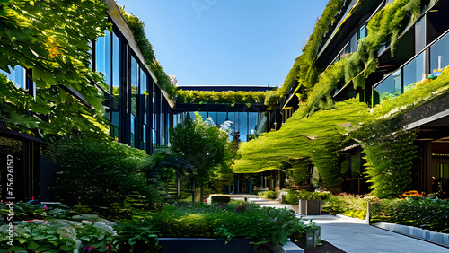 A Eco green building adorned with an abundance of trees and shrubs  featuring a green roof and plant-covered walls to accentuate urban greenery. Perfect for Earth Day  World Environment Day