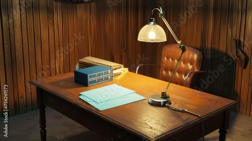 The square wooden table in room which has blue document file and vintage lamp put on top with the chair.