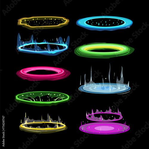 portal vfx set cartoon. magic green, fantasy lightspeed, hyperspace world portal vfx sign. isolated symbol vector illustration