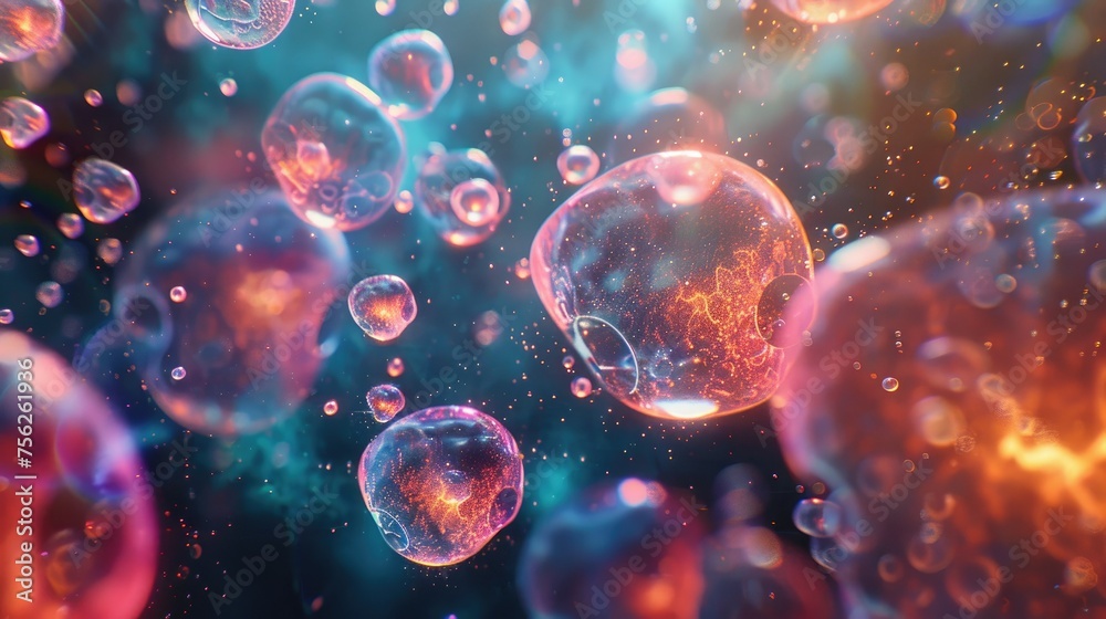 Naklejka premium Abstract colorful bubbles floating with a bokeh effect on a vibrant background.