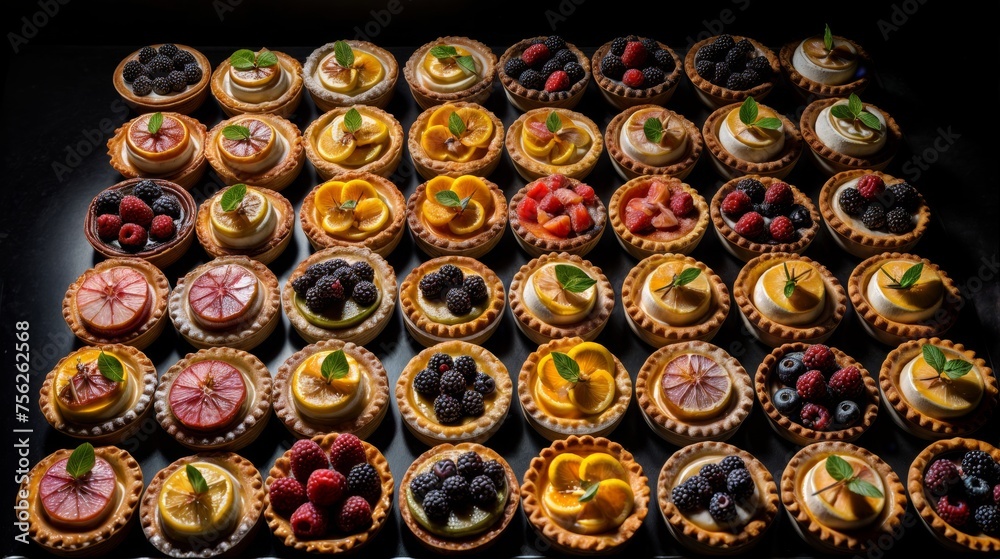 Variety of mini tarts with different fruits and berries on black background
