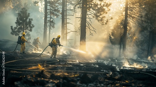 Firefighters extinguish a forest fire using hoses and helicopters photo