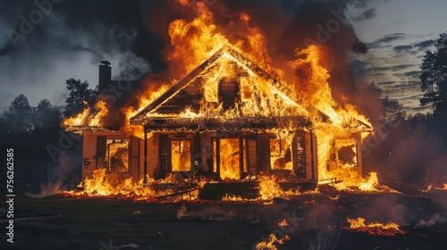 Fire in a house at night