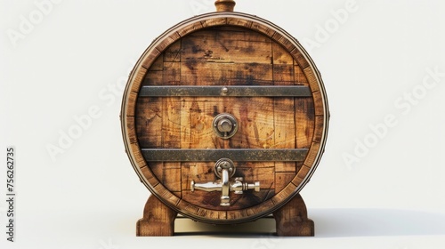 Vintage wooden barrel with tap 3D rendering isolated white background