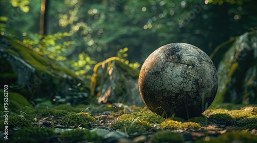 Enigmatic stone sphere in a mystical forest setting with sunlight filtering through the trees.