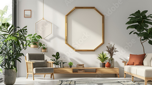 Hexagonal shape mockup photo frame bamboo border  on bookcase in modern living room  3d render