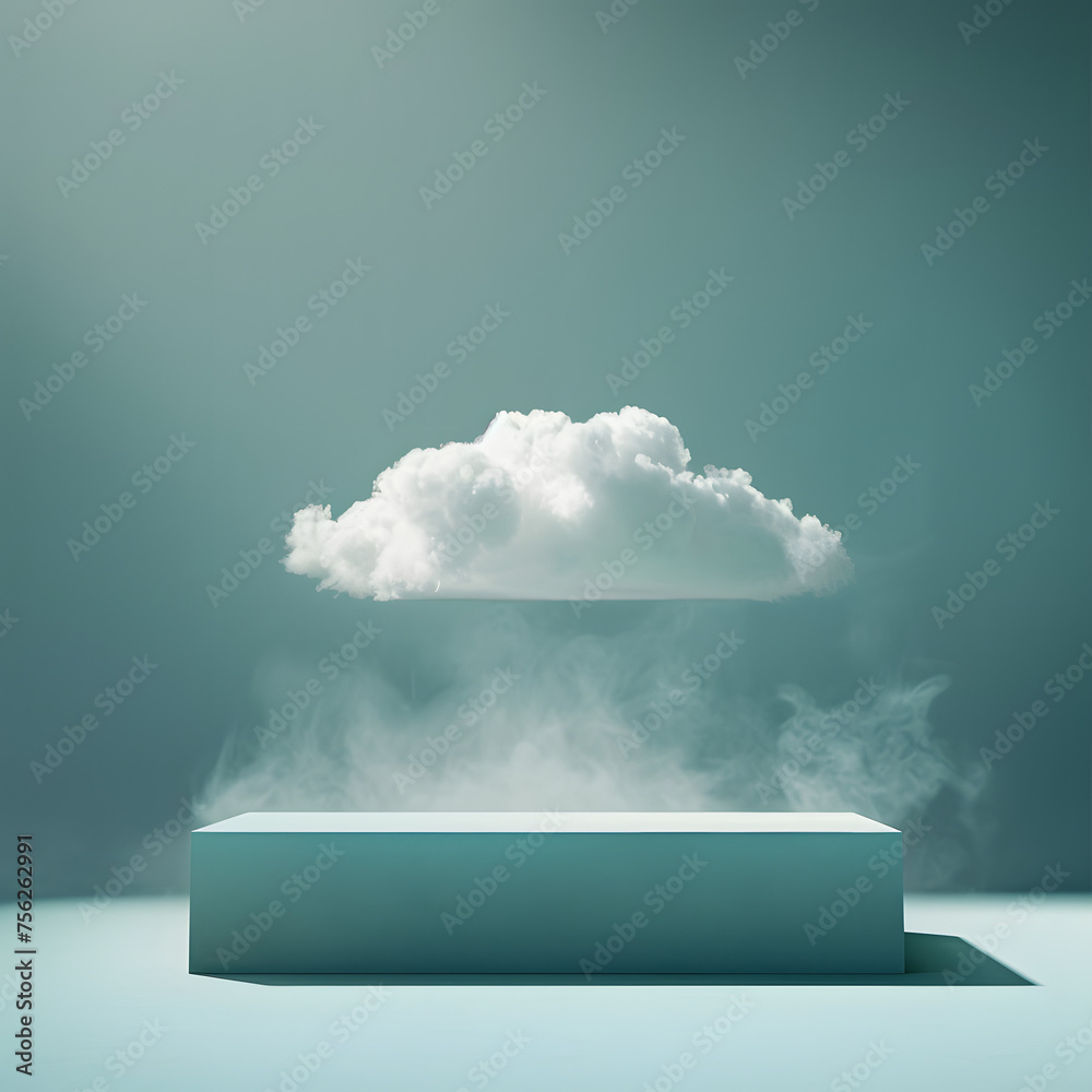 Surreal Cloud on Pedestal Against Blue Background Surreal Cloud on Pedestal Against Blue Background
