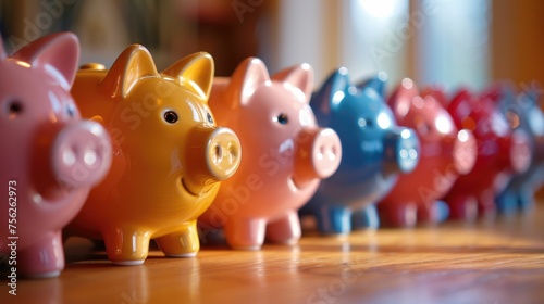 A group of piggy banks attending a financial wellness retreat, learning about savings and investment options