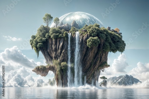 Waterfall in the form of a small island with trees and clouds photo